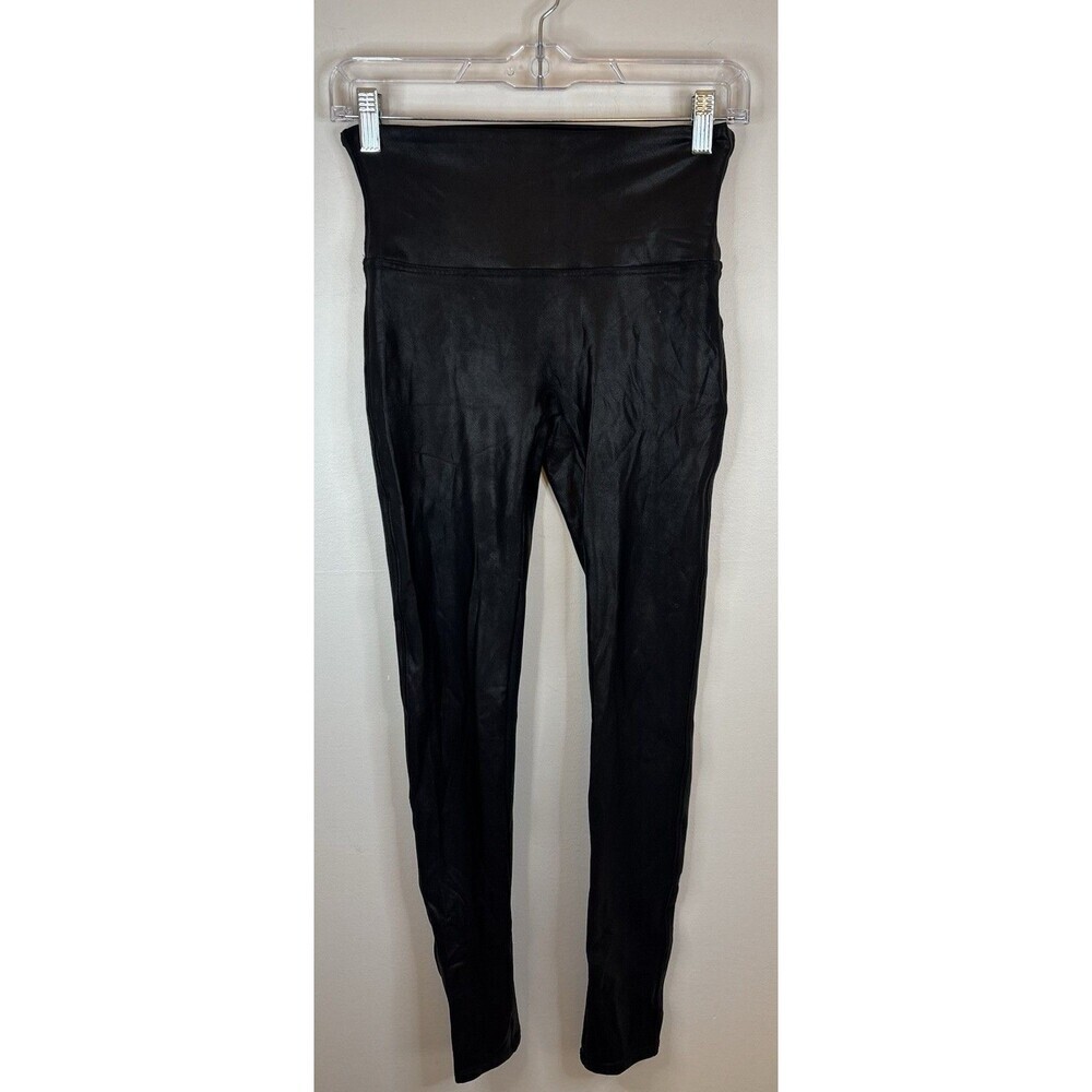 SPANX Black Faux Leather Stretch Leggings Women Medium Mid Rise Ankle Shaping - Picture 2 of 10